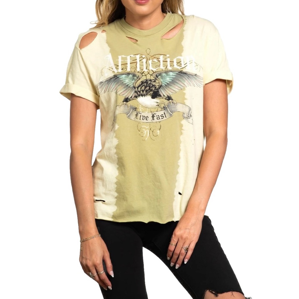 AFFLICTION EAGLE Women’s Tan/Cream Short Sleeve Size Small
